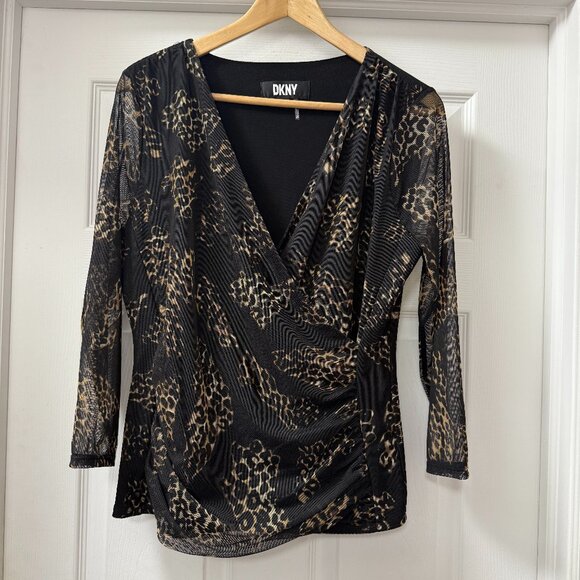 DKNY Women's 3/4-Sleeve animal leopard Printed Mesh V-Neck Top size Medium - Picture 1 of 12